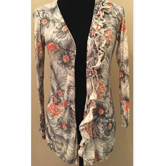 38 SPARROW ANTHROPOLOGIE gray FLORAL Pima cotton RUFFLE OPEN CARDIGAN SWEATER - Picture 10 of 10